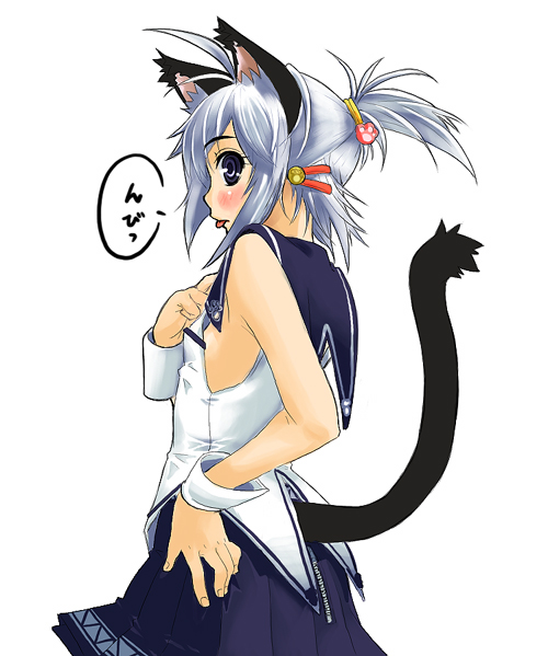 animal_ears black_eyes blue_hair cat_ears from_side hand_on_hip hand_on_own_chest original petite sidelocks solo tail takano_saki tongue tongue_out