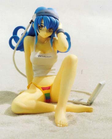 away barefoot bikini blue_hair bottomless breasts brown_eyes cleavage computer figure headphones laptop listening_to_music long_hair looking lowres medium_breasts no_pants os-tan photo sitting solo spread_legs swimsuit winchan wristband