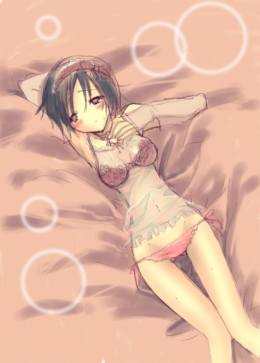 bed blush bra chemise copyright_request detached_sleeves jakou_nezumi lace lace-trimmed_bra lace-trimmed_panties lingerie lowleg lowleg_panties lying on_back panties pink_bra pink_panties short_hair side-tie_panties solo thigh_gap underwear underwear_only