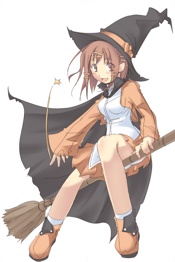 broom broom_riding brown_eyes brown_hair copyright_request eyes_visible_through_hair hair_ornament hairclip long_sleeves ninokawa_magamo sidesaddle simple_background solo white_background witch