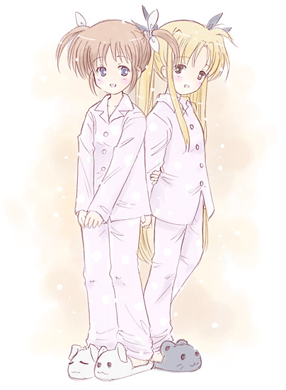 :d animal_slippers arms_behind_back blonde_hair blush brown_hair bunny_slippers buttons fate_testarossa full_body hands_together long_hair long_sleeves looking_at_viewer lyrical_nanoha mahou_shoujo_lyrical_nanoha multiple_girls no_legwear open_mouth pajamas purple_eyes red_eyes short_twintails slippers smile standing takahashi_mugi takamachi_nanoha twintails v_arms very_long_hair