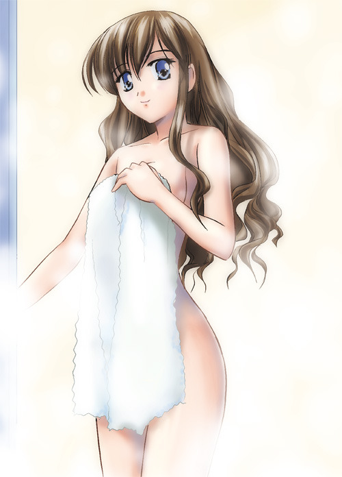 bath blue_eyes brown_hair long_hair maria-sama_ga_miteru nude showering solo steam toudou_shimako towel yamaguchi_yuu