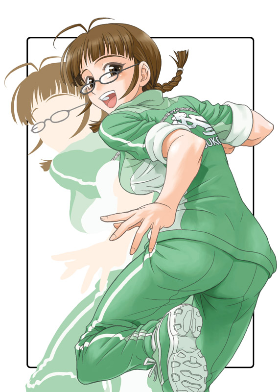 akizuki_ritsuko braid brown_hair glasses gym_uniform hida_tatsuo idolmaster idolmaster_(classic) idolmaster_1 looking_back single_vertical_stripe sleeves_rolled_up solo track_suit twin_braids