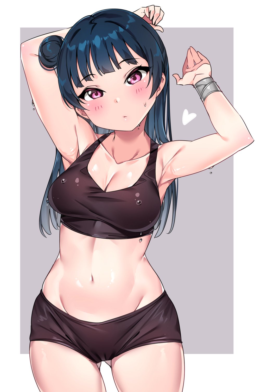 1girl arm_behind_head armpits arms_up bangs bare_arms bare_shoulders black_shorts blue_hair blush bracer breasts cleavage closed_mouth collarbone cowboy_shot eyebrows_visible_through_hair gluteal_fold grey_background groin hair_bun head_tilt heart highres legs_apart long_hair looking_at_viewer love_live! love_live!_sunshine!! medium_breasts navel pink_eyes short_shorts shorts side_bun sidelocks solo sports_bra standing stomach sweat tem10 tsushima_yoshiko two-tone_background white_background