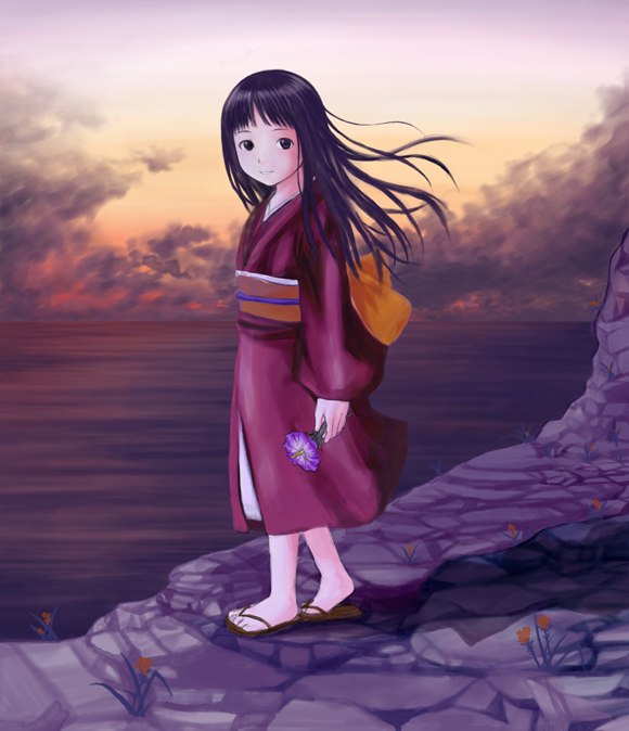 akoya_(mushishi) artist_request cloud flower japanese_clothes long_sleeves looking_at_viewer mushishi ocean outdoors sky solo sunset water