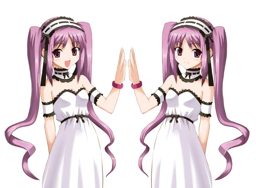 bracelet brown_eyes collar euryale fate/hollow_ataraxia fate/stay_night fate_(series) ishigami_kazui jewelry jpeg_artifacts long_hair multiple_girls purple_hair siblings stheno symmetry twins twintails very_long_hair