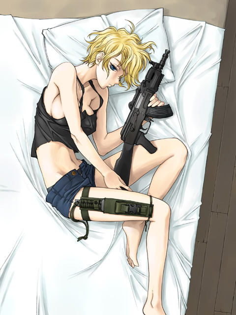 ak-47_beta artist_request assault_rifle bed blonde_hair blue_eyes copyright_request gun rifle solo tank_top weapon