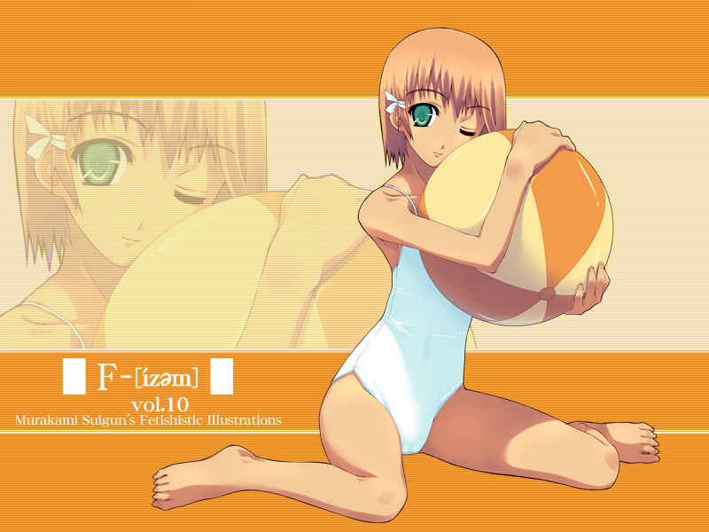 ball barefoot beachball brown_hair casual_one-piece_swimsuit english f-ism green_eyes holding_beachball hug murakami_suigun one-piece_swimsuit one_eye_closed original scanlines short_hair sitting smile solo spread_legs swimsuit wallpaper wariza white_swimsuit zoom_layer