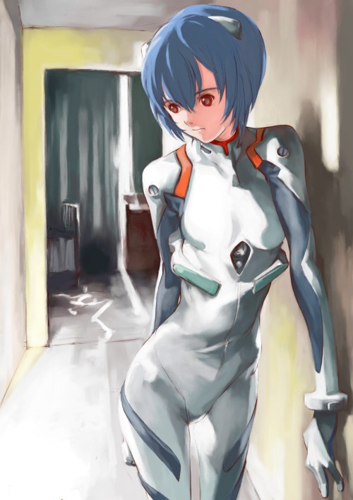 against_wall arm_behind_back artist_request ayanami_rei bangs blue_hair bodysuit bracer breasts ceiling chair closed_mouth cowboy_shot curtains desk gloves hair_between_eyes hallway headgear indoors leaning_to_the_side looking_away looking_down neon_genesis_evangelion pilot_suit plugsuit red_eyes short_hair skinny small_breasts solo standing sunlight turtleneck white_bodysuit window
