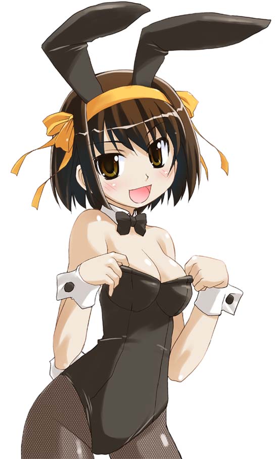 animal_ears bakutendou breasts brown_hair bunny_ears bunnysuit cleavage fishnet_pantyhose fishnets medium_breasts pantyhose short_hair solo suzumiya_haruhi suzumiya_haruhi_no_yuuutsu