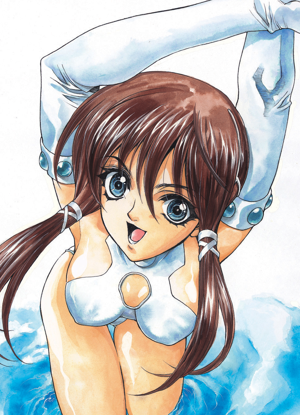 armpits arms_up artist_request blue_eyes brown_hair casual_one-piece_swimsuit close-up elbow_gloves gloves hair_between_eyes hair_ornament head_tilt highres hikari_to_mizu_no_daphne jewelry kneeling mizuki_maia one-piece_swimsuit one_eye_closed sidelocks solo swimsuit thigh_gap thighs water white_gloves white_swimsuit x_hair_ornament