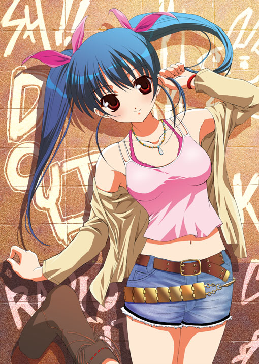 belt blue_hair boots bra_strap camisole copyright_request denim denim_shorts fumio_(ura_fmo) jacket long_hair long_sleeves midriff red_eyes shorts solo tank_top twintails