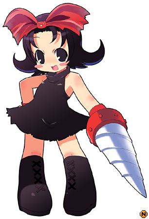 :d artist_request bare_shoulders black_dress black_eyes black_footwear blush_stickers boots chibi copyright_request dress drill drill_hand hair_ornament hand_on_hip lowres open_mouth shoelaces short_hair simple_background sleeveless sleeveless_dress smile solo standing white_background