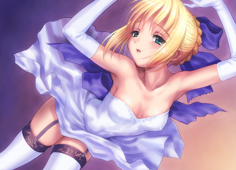 artist_request artoria_pendragon_(all) blonde_hair dress elbow_gloves fate/stay_night fate_(series) garters gloves green_eyes ribbon saber solo thighhighs white_gloves