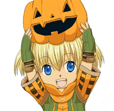 arms_up blonde_hair blue_eyes carrying_overhead final_fantasy final_fantasy_xi fingerless_gloves gloves lowres open_mouth pumpkin short_hair simple_background solo tarutaru white_background