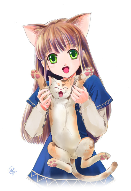 animal animal_ears brown_hair cat cat_ears copyright_request fang green_eyes holding holding_cat long_hair long_sleeves shirotsumekusa solo