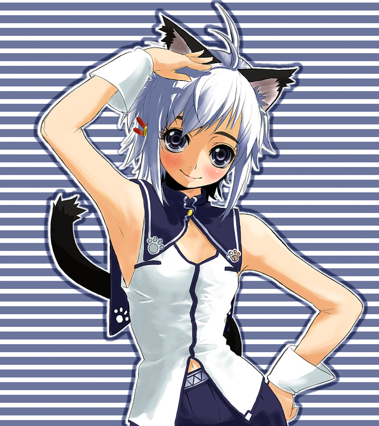 animal_ears blue_eyes cat_ears hair_ornament hairclip hand_on_hip original sleeveless solo tail takano_saki white_hair wrist_cuffs