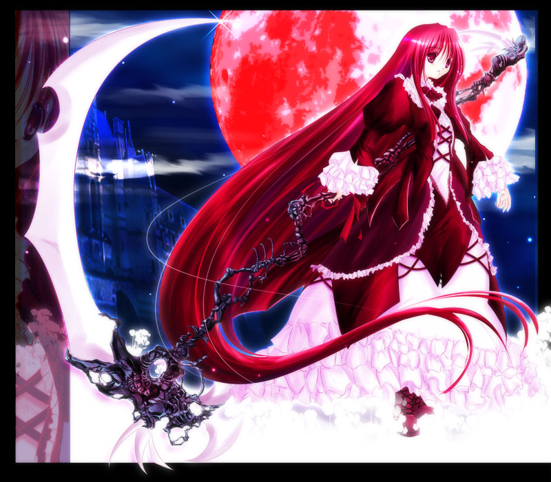 boots castle copyright_request dress frills glowing gothic hisame_shizuki long_hair long_sleeves moon night pale_skin red_eyes red_hair red_moon scythe solo very_long_hair