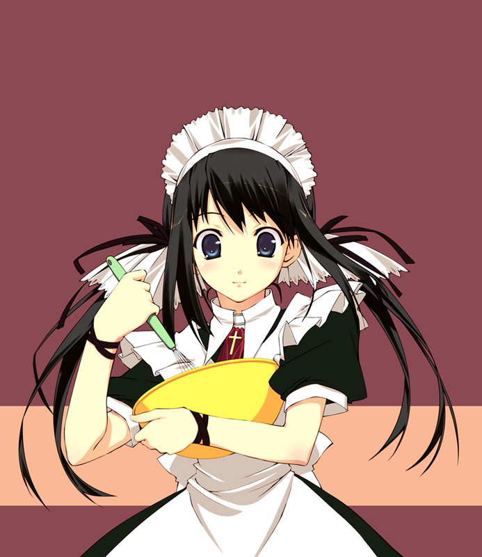 apron bangs black_hair blue_eyes blush character_request cooking copyright_request hair_ribbon holding long_hair looking_down maid maid_headdress mixing_bowl murakami_suigun puffy_short_sleeves puffy_sleeves ribbon short_sleeves sidelocks simple_background solo source_request twintails whisk