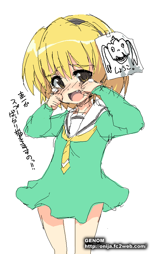 blonde_hair blush brown_eyes crying crying_with_eyes_open dress fang green_dress higurashi_no_naku_koro_ni houjou_satoko long_sleeves looking_at_viewer neckerchief nose_blush oekaki okaasan_to_issho onija_tarou picture_(object) sailor_collar school_uniform short_dress short_hair simple_background solo spoo standing tears tooth white_background yellow_neckwear