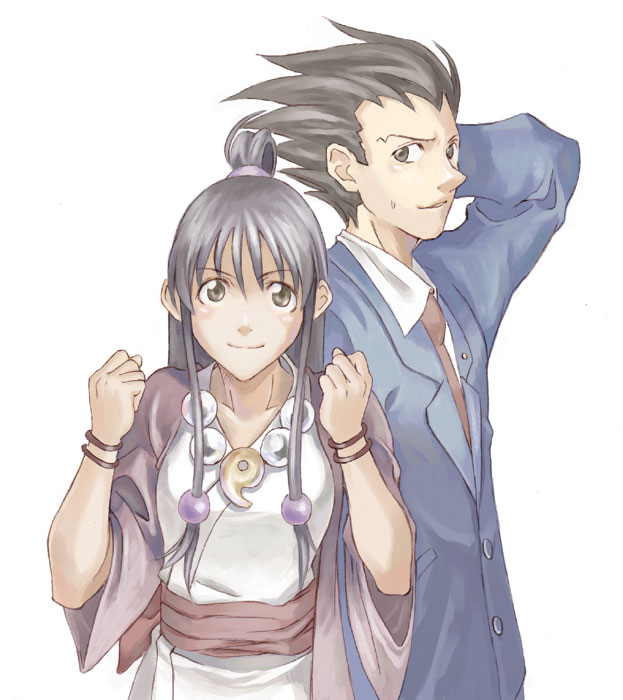1girl ayasato_mayoi bead_necklace beads black_hair blush bracelet brown_eyes buttons clenched_hands collarbone collared_shirt formal green_eyes gyakuten_saiban half_updo japanese_clothes jewelry kafu long_sleeves looking_at_viewer magatama naruhodou_ryuuichi necklace parted_lips sash scratching_head shirt smile suit sweatdrop upper_body white_background