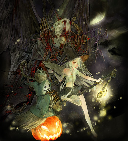 bat bird broom broom_riding chain copyright_request halloween jack-o'-lantern na2 owl pumpkin solo wings witch