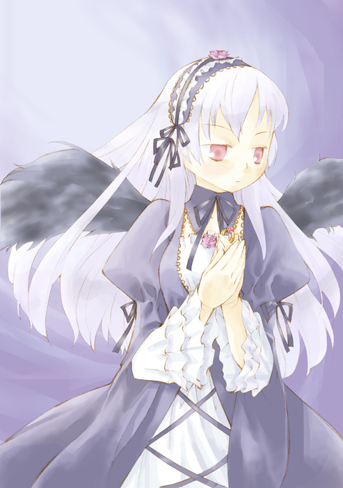 black_dress black_wings detached_collar dress frilled_sleeves frills gem hairband jewelry lolita_hairband long_hair long_sleeves pink_eyes purple_background ring rozen_maiden silver_hair simple_background solo suigintou takano_natsuki upper_body very_long_hair wings