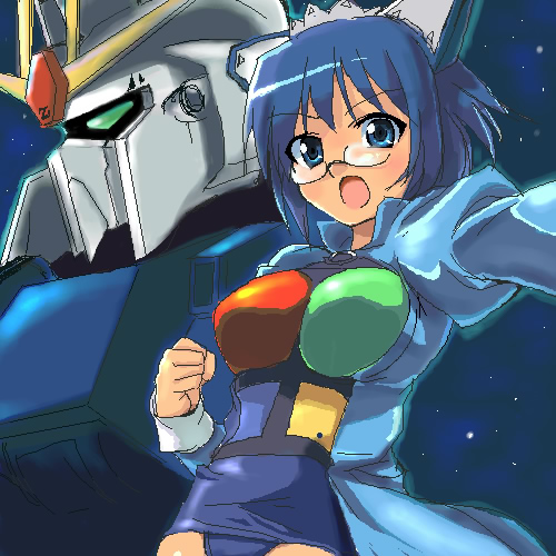 2k-tan :o bangs blue_eyes blue_hair blush bob_cut clenched_hand crossover dress fighting_stance glasses green_eyes gundam hairband long_sleeves looking_at_viewer lowres maid maid_headdress mecha oekaki one-piece_swimsuit open_mouth os-tan outstretched_arm school_swimsuit short_hair sky souryuu space standing star_(sky) starry_sky swimsuit swimsuit_costume swimsuit_under_clothes zeta_gundam zeta_gundam_(mobile_suit)