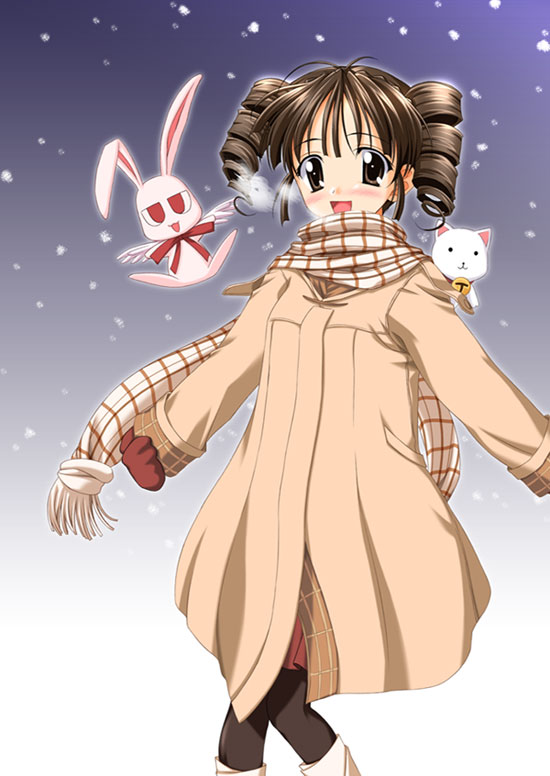 artist_request brown_hair coat full_moon_wo_sagashite kouyama_mitsuki long_sleeves meroko_yui_(bunny) pantyhose scarf snowing solo takuto_kira_(cat)