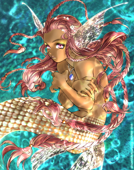 body_language_(manga) braid dark_skin head_fins kerorin long_hair makeup mermaid monster_girl nude red_hair solo underwater
