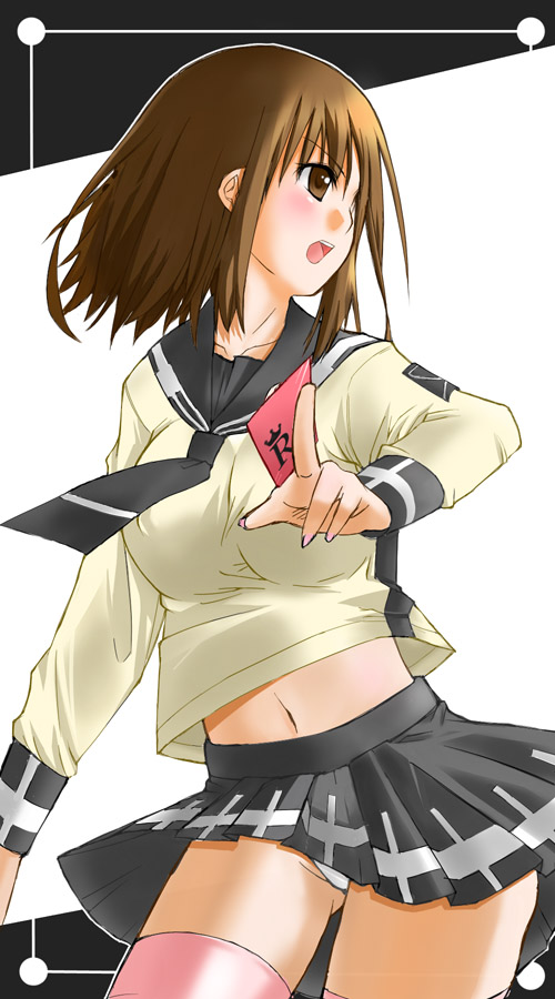 blush brown_eyes brown_hair copyright_request long_sleeves miniskirt nagase_haruhito navel neckerchief panties pantyshot pantyshot_(standing) pink_legwear pleated_skirt school_uniform serafuku skirt solo standing thighhighs underwear white_panties