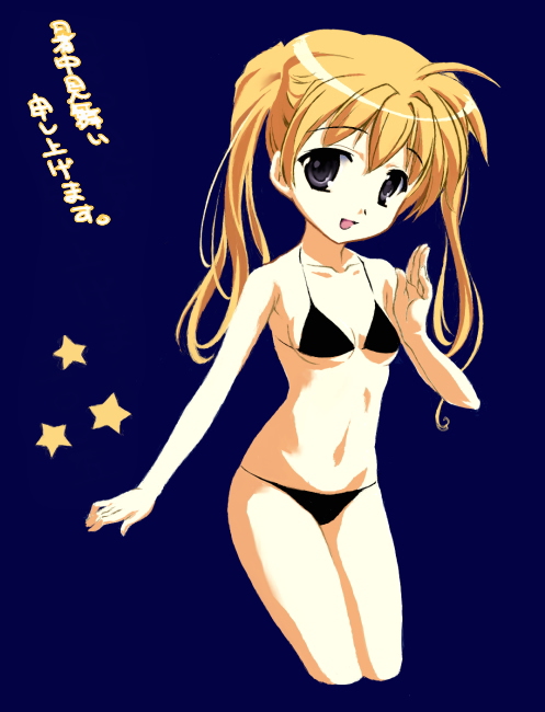 bikini black_bikini blonde_hair breasts calle_nozomu character_request copyright_request grey_eyes long_hair small_breasts smile solo star swimsuit translation_request twintails underboob