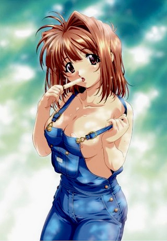 bandaid bandaids_on_nipples breasts brown_hair cleavage denim food jpeg_artifacts kawai_rie lovers medium_breasts messy naked_overalls open_mouth overalls pasties popsicle red_eyes sexually_suggestive short_hair sideboob solo strap_slip taki_minashika
