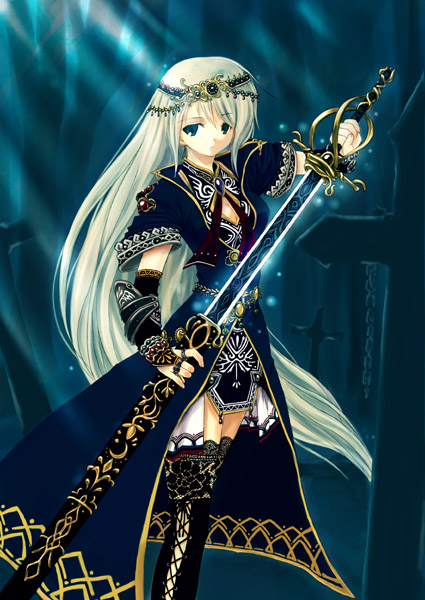 arm_guards armor armored_dress blonde_hair blue blue_background blue_eyes breasts chain cleavage copyright_request cross fantasy gloves graveyard headband headdress knight lace latin_cross long_hair medieval medium_breasts mikazukimo sheath solo surcoat sword thighhighs thighs unsheathing weapon white_hair zettai_ryouiki