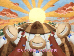 animated_gif bird checkit14 chicken copyright_request garlic lowres music no_humans singing stop_motion subtitled sun sunrise what