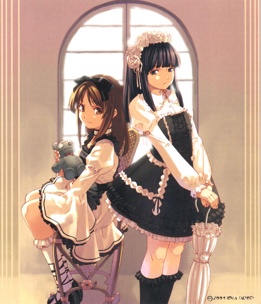 back-to-back backlighting bangs black_eyes black_hair black_legwear blunt_bangs bow bowtie breasts brown_eyes brown_hair chair choker company_name cross-laced_clothes cross-laced_footwear dated dress eyepatch flower frilled_dress frills from_side frown gothic_lolita hair_bow hairband hands_together highres hirano_katsuyuki holding kneehighs light_smile lolita_fashion lolita_hairband long_hair long_sleeves looking_at_viewer multiple_girls official_art parted_bangs platform_footwear puffy_sleeves ribbon rose saitou_koyuki shoes short_dress sidelocks sitting small_breasts smile standing steady_x_study stuffed_animal stuffed_toy teddy_bear umbrella usui_haruka v_arms white_flower white_legwear white_rose wide_sleeves window