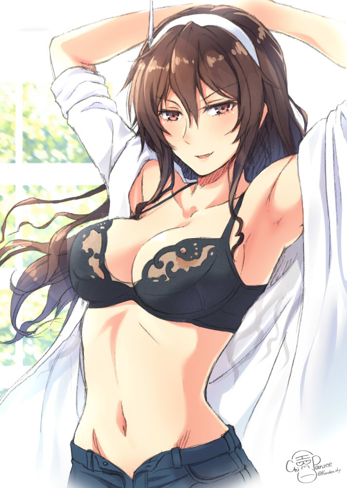 1girl areolae armpits arms_behind_head arms_up ashigara_(kantai_collection) black_bra bra breasts brown_eyes brown_hair cleavage kanden_suki kantai_collection large_breasts long_hair looking_at_viewer medium_breasts navel open_clothes open_shirt parted_lips see-through shorts signature smile solo underwear