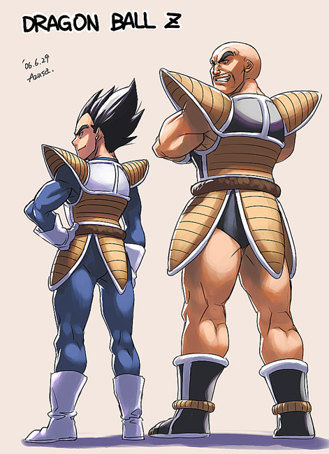 2boys armor azusa_(hws) back bald black_hair dragon_ball dragon_ball_z facial_hair from_behind gloves male_focus monkey_tail multiple_boys muscle mustache nappa signature spiked_hair tail vegeta