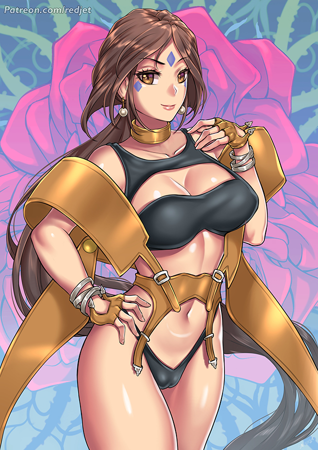 1girl aa_megami-sama black_bra black_hair black_panties bra bracelet breasts brown_eyes brown_hair cameltoe center_opening choker cleavage earrings eyebrows_visible_through_hair facial_mark fingerless_gloves forehead_mark giovanni_zaccaria gloves harness jewelry large_breasts leather lipstick long_hair looking_at_viewer makeup navel panties peorth ponytail smile solo underwear underwear_only very_long_hair