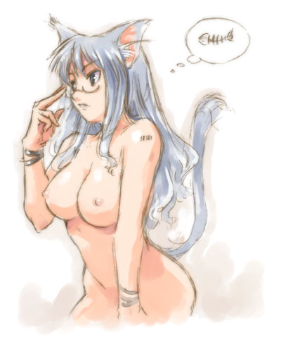 animal_ears barcode bracelet breasts cat_ears copyright_request fish_bone glasses jewelry large_breasts lowres maruto! nipples nude skeleton solo tail