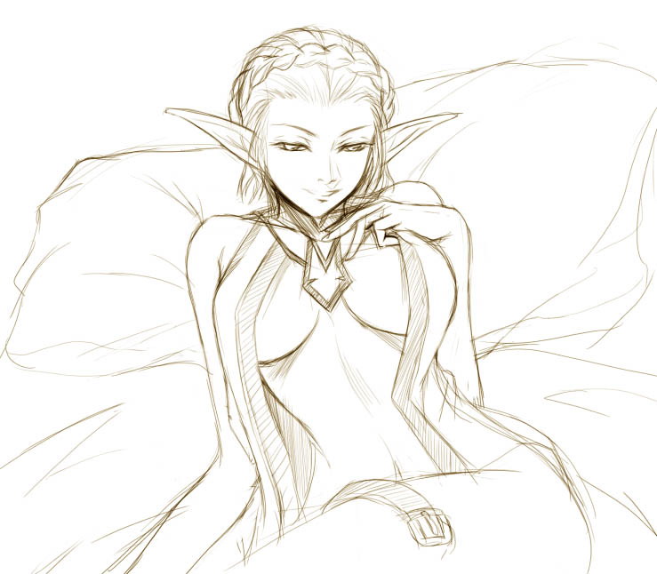 artist_request bed breasts final_fantasy final_fantasy_xi monochrome nude pointy_ears solo