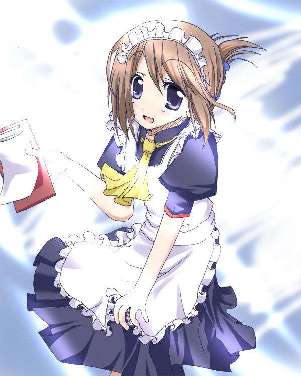 :d apron blue_eyes blush brown_hair cravat folded_ponytail frills holding komaki_manaka looking_at_viewer maid maid_headdress open_mouth puffy_short_sleeves puffy_sleeves short_sleeves simple_background smile solo to_heart_2