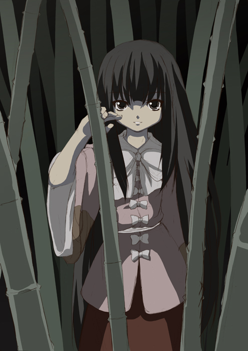 bamboo bamboo_forest bangs black_hair bow bowtie cowboy_shot date_(senpen) forest grin houraisan_kaguya long_hair long_sleeves looking_at_viewer nature outdoors parted_lips plant smile solo teeth touhou very_long_hair white_bow