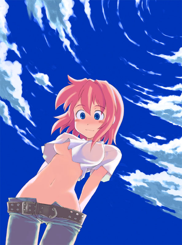 arms_behind_back belt blue_eyes blush breasts cloud day denim jeans kusanagi_tonbo lowleg lowleg_panties medium_breasts midriff no_bra original panties pants pink_hair red_hair see-through shirt short_hair sky slender solo thigh_gap underboob underwear