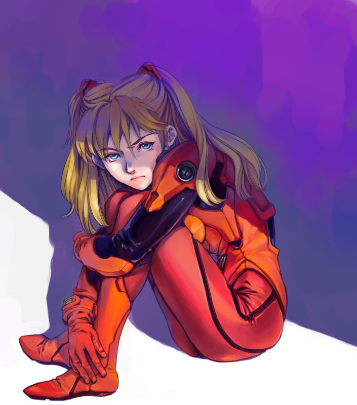 &gt;:( angry aqua_eyes artist_request bangs blonde_hair bodysuit crossed_arms from_side frown full_body gloves hair_ornament leg_hug lips long_hair looking_at_viewer neon_genesis_evangelion plugsuit realistic red_bodysuit shade shadow sitting solo souryuu_asuka_langley two_side_up v-shaped_eyebrows