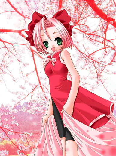 :d artist_request bare_arms bare_shoulders bow cherry_blossoms dress green_eyes hair_bow haruno_sakura looking_at_viewer naruto naruto_(series) open_mouth parted_lips pink_hair pink_ribbon plant red_bow red_dress ribbon shorts sleeveless sleeveless_dress smile solo standing tree