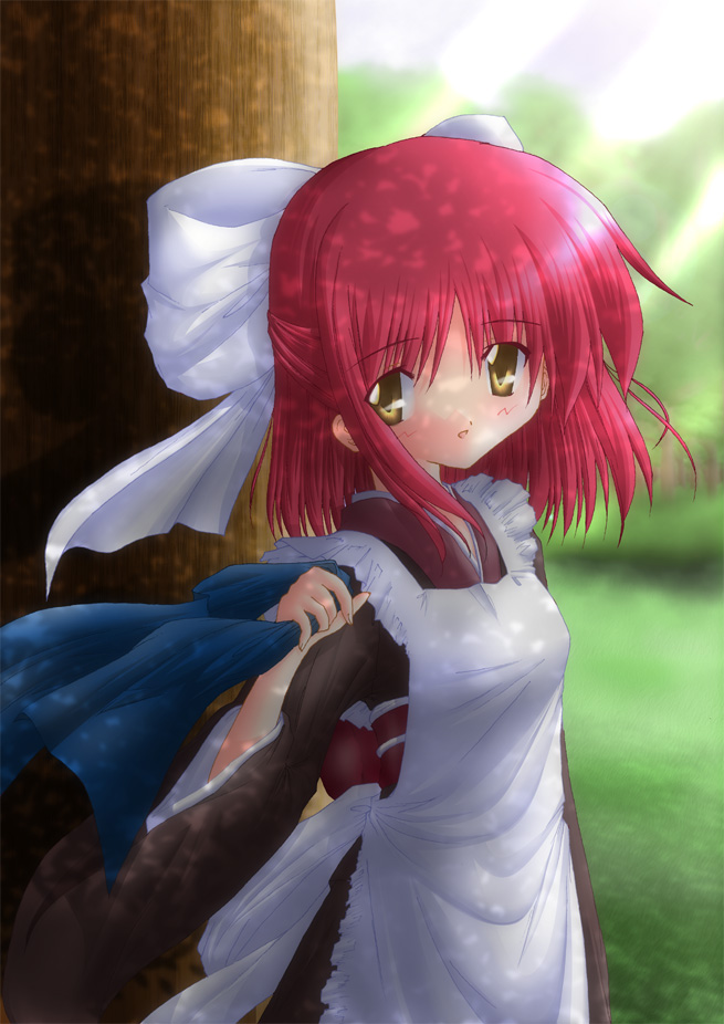 :d apron artist_request blush bow brown_dress dappled_sunlight day dress field grass hair_bow holding kohaku light_rays long_sleeves open_mouth outdoors pink_hair sash short_hair smile solo sunlight tree tsukihime upper_body wind yellow_eyes