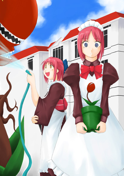 apron artist_request audrey_ii crossover hisui hose kohaku little_shop_of_horrors long_sleeves maid multiple_girls plant pot red_hair short_hair siblings tsukihime twins water