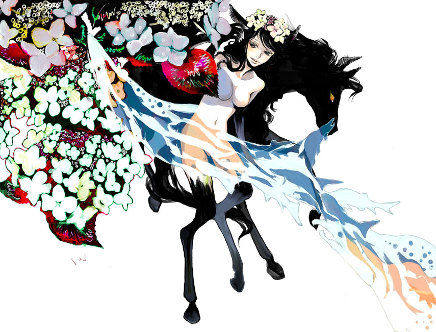 :d animal animal_ears artist_request black_hair brown_eyes dutch_angle flower full_body hair_flower hair_ornament horse horse_legs long_hair magic no_nipples nude open_mouth original parted_lips smile solo splashing water
