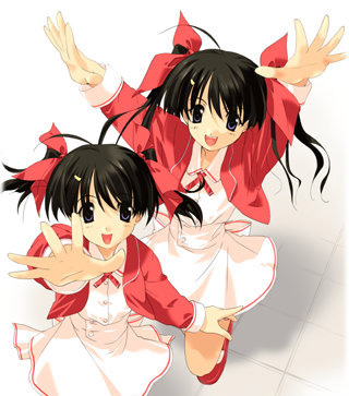 black_hair futakoi hinagiku_lala hinagiku_lulu long_sleeves lowres multiple_girls ribbon sasaki_mutsumi school_uniform siblings sisters twins twintails